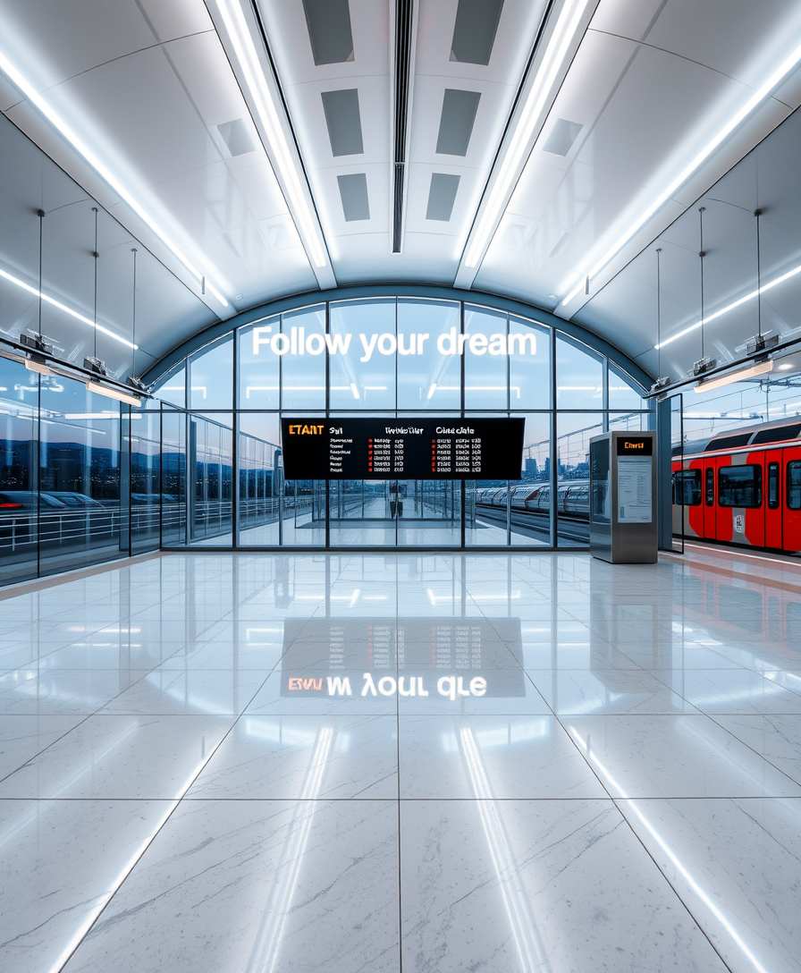 The futuristic interior of the railway station, beautifully illuminated by bright neon lights. The walls are made of glass, which offers stunning views of the city landscape. The train timetable board says "Follow your dream" in large neon letters, emphasizing the theme of ambition and adventure. The design of the station is concise and modern, with a shining marble floor, clear lines, and a sense of sophistication. - Image