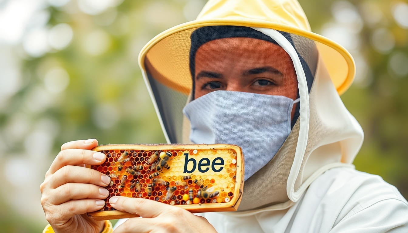 Beekeeper in protective suit holding a honeycomb, A beekeeper in a yellow hat holds a honeycomb with the word bee on it.