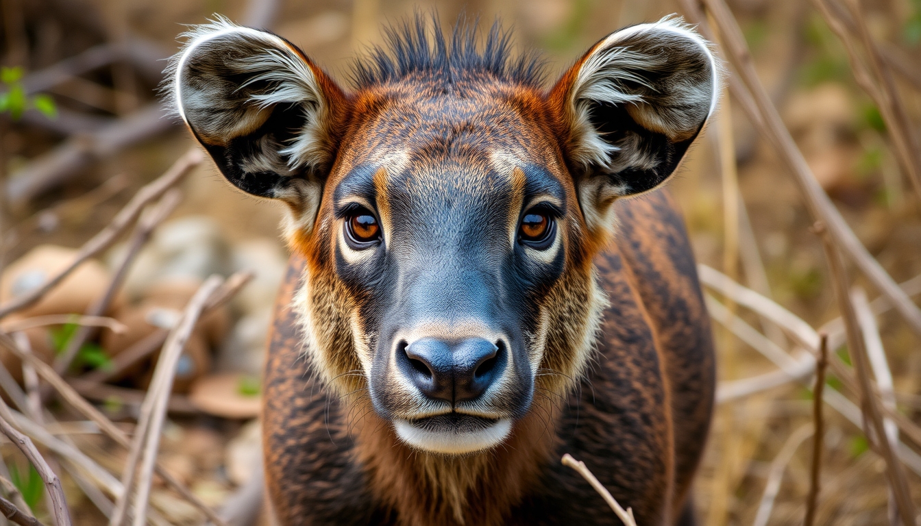 A stunning portrait of an endangered animal in its natural habitat, with a focus on its expressive eyes and the surrounding environment. - Image