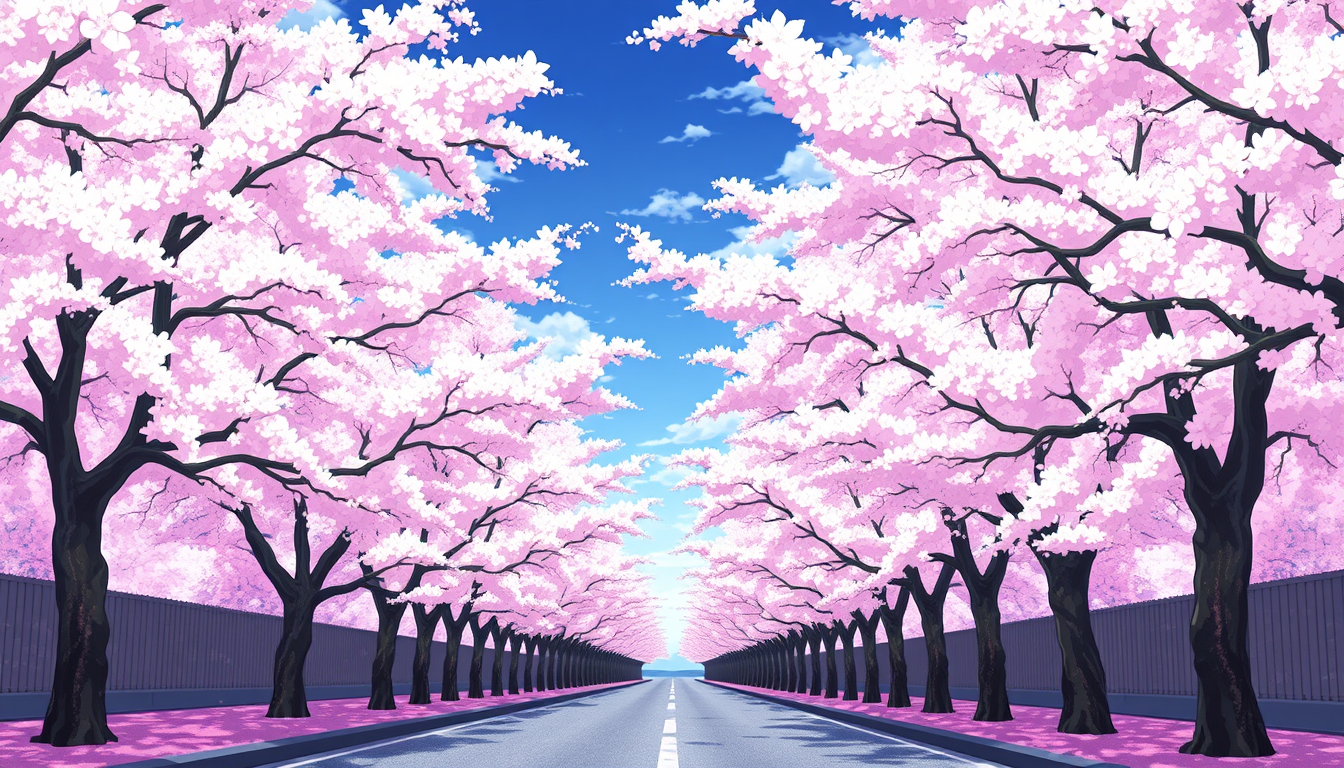 An alley with rows of cherry blossom trees on both sides in the style of an anime.