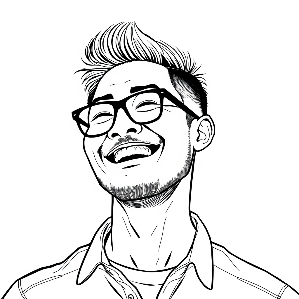 A cool black and white line drawing of a 35-year-old man’s head, with a short back hairstyle, Asian, wearing black thin-frame glasses, a slightly short beard on his chin, in a shirt, a full face, a strong physique, clean and fresh skin, laughing heartily. - Image