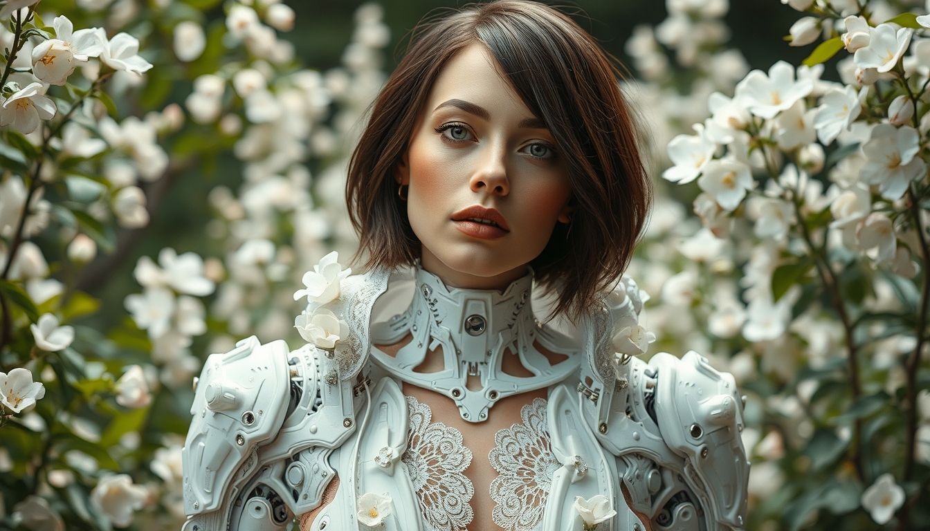 An interpretation of a cyborg white brunette European woman (brunette short hair) is wearing a white and transparent electronic suit made of electronic white pieces intertwined with white flowers and lace, in the middle of a futuristic Renaissance Italian garden, in the style of mechanical realism, human connections, mythological subjects, Cybelem Mythological figure, painting like Giovanni Bellini --chaos 10 --ar 16:9 --stylize 150. - Image