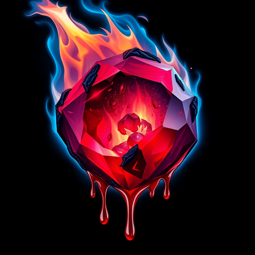 A tee shirt design of a beautiful ruby on fire with beautiful liquid red ruby dripping with flames. The ruby has black char all over it and subtle colorful embers burning in the ruby. Inside of the ruby should be reminiscent of beautiful galaxies perfectly blended with chaos. Striking and otherworldly on a transparent background, the flames should have an outline of a beautiful blue ethereal glow.