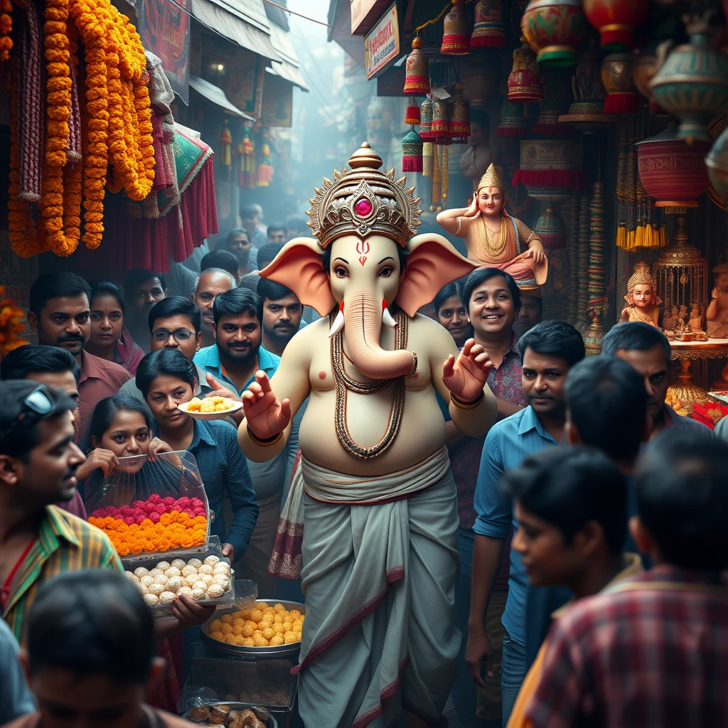 Create a 4K image using Unreal Engine, depicting Lord Ganesha as a real human god in the midst of a dense, bustling Indian market. Ganesha should be the same height as the surrounding people, blending seamlessly into the crowd, yet his divine presence subtly stands out. He is dressed in a blend of traditional dhoti and modern attire, with his human-like features reflecting a calm and joyful demeanor.

The market is alive with vibrant stalls selling marigold garlands, clay idols, sweets, and colorful decorations. The air carries a hint of dust, adding a layer of realism to the scene. People around him are frozen in a moment of surprise and awe, some smiling, others wide-eyed as they recognize the god among them. The vibrant colors of the market, the rich textures, and the interplay of light and shadow should be rendered in stunning detail, capturing the essence of an authentic Indian market with a touch of the divine.

Include subtle details like Ganesha reaching out for fresh flowers, examining the finest modaks, while the vendors and shoppers are caught off guard, their expressions a mix of reverence and disbelief. The overall atmosphere should be a blend of the divine and the everyday, creating a captivating and immersive scene. People looking at Ganesha, night view, Ganesha has four hands, lots of orange lights. - Image