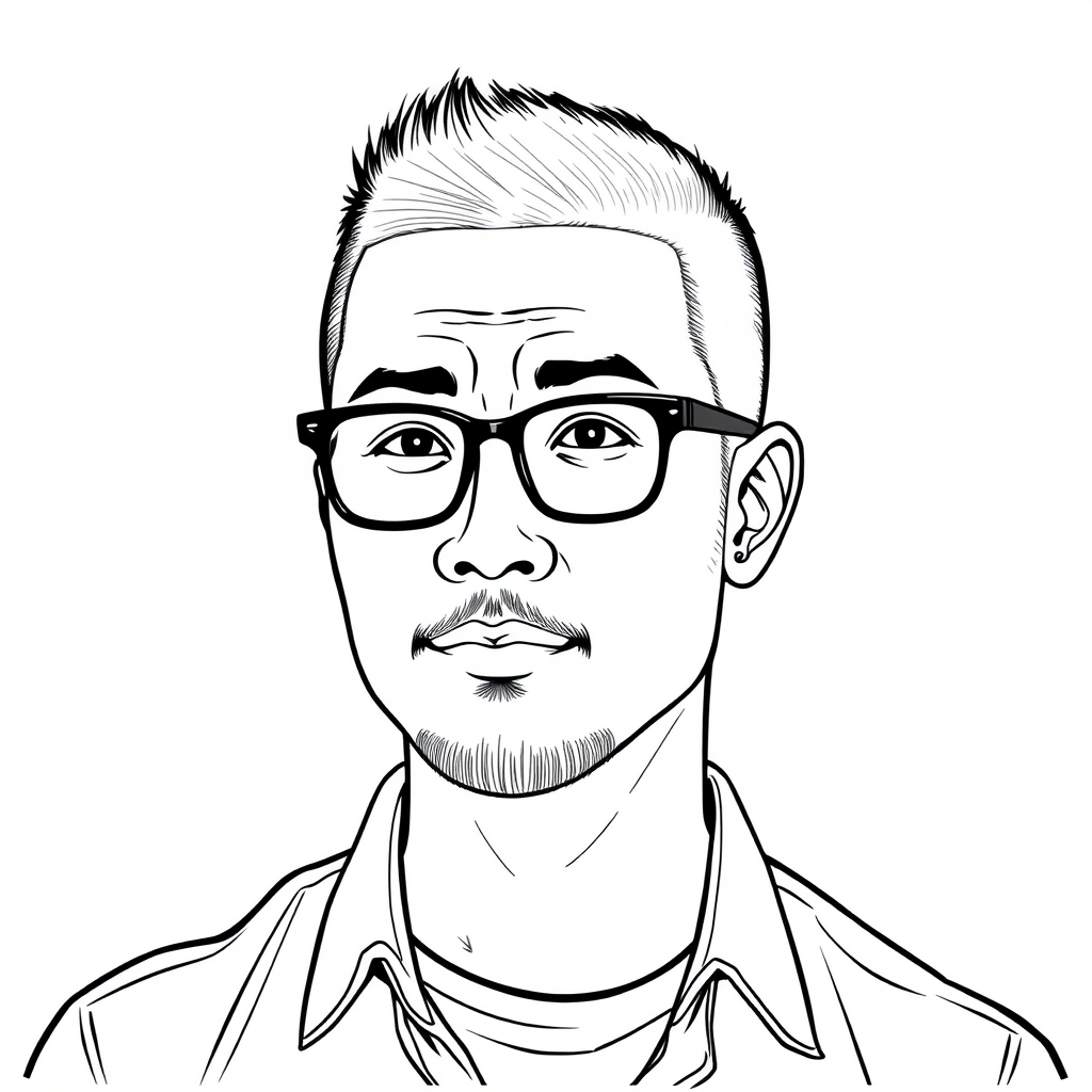 A cool black and white line drawing of a 35-year-old man’s head, with a buzz cut hairstyle, Asian descent, wearing black thin-framed glasses, a slightly short beard, a shirt, a full face, clean and fresh skin, and a slightly chubby physique.