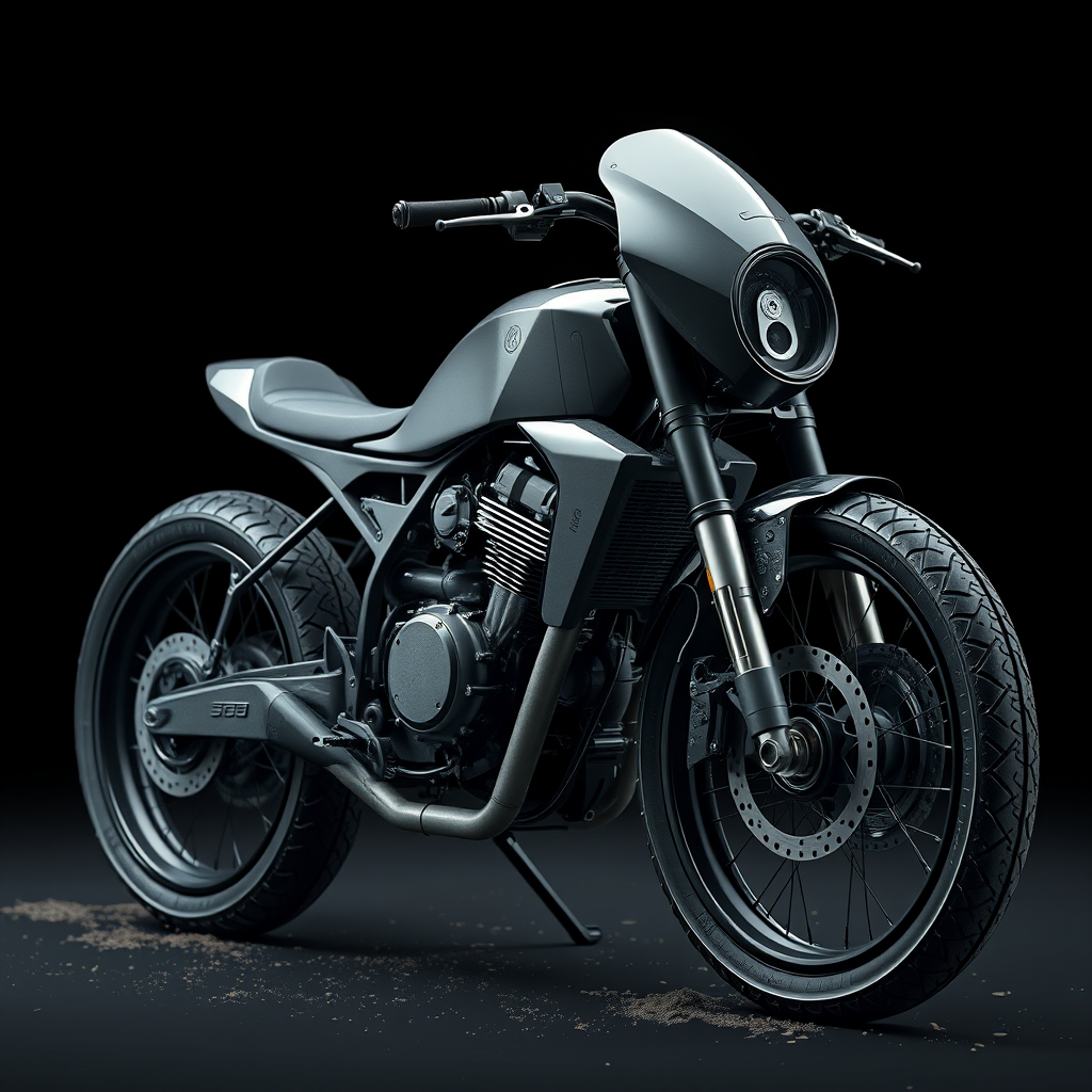 Ultra futuristic minimal design bike designed by 8k resolution, hyper-realistic, detailed render, extremely complex and advanced chassis, natural dirt and debris detail, scuffs, designed by Dieter Rams, Teenage Engineering, stunning details, dark hues, product photo. - Image