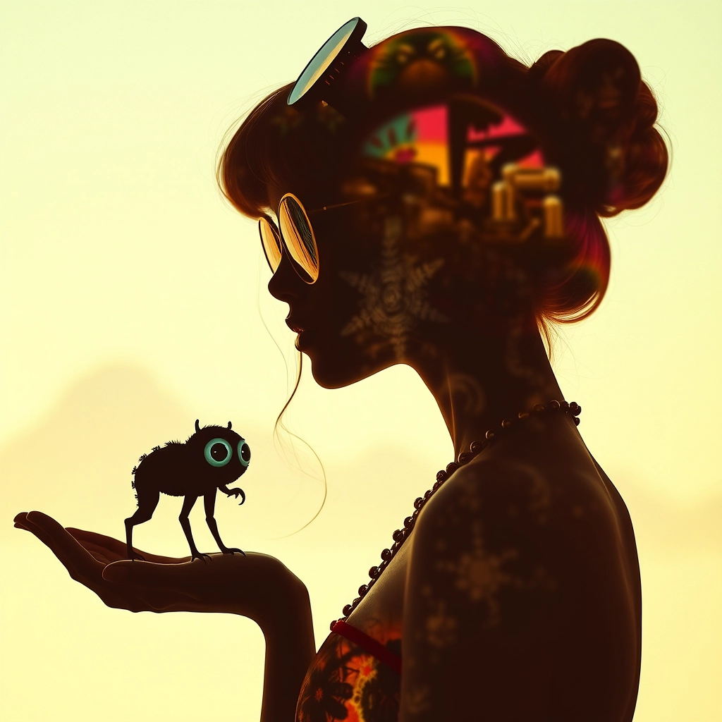 Silhouette of a fashionable model, a beautiful rainbow girl with nice curves, the cutest creature with big eyes, ultra-small, in her hand perspective, pop rock, fluorescent collage, sci-fi, steampunk machinery, extra dust particle cloud, octane render, and paper art, ink art, Melies, Jules Verne, big-eyed creature from hell, burning mountain, vintage camera, double exposure, glitch particles, 3D moving, all multiversed layered, ultra beauty, and poetic. - Image