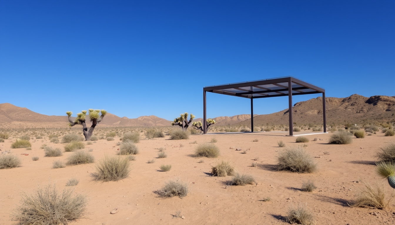 A dramatic desert landscape with a glass pavilion offering shade and shelter.