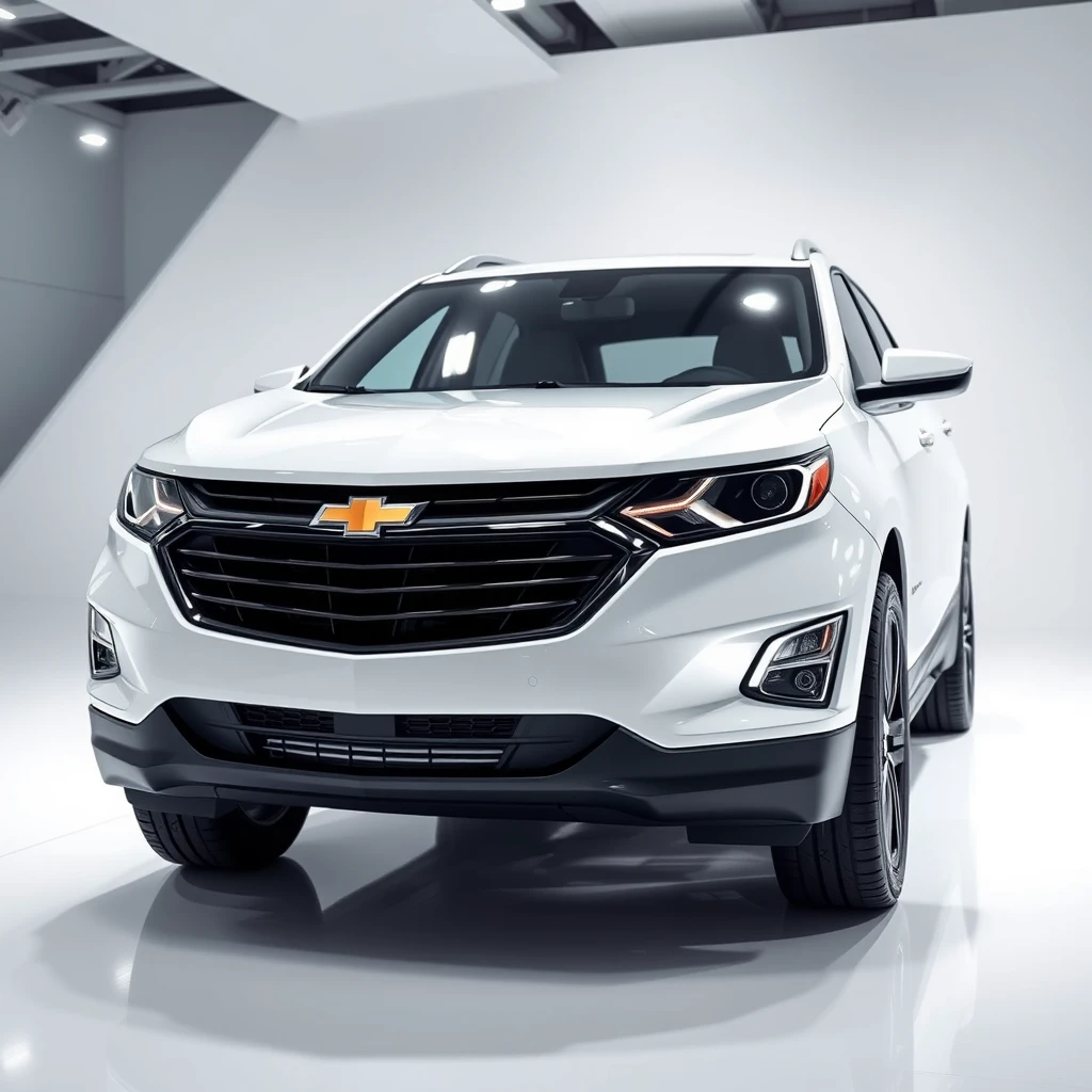 Front side view of All-New Chevrolet Equinox, white body color with black details, robotic muscular design, high-end materials, standing in a white showroom, cinematic bright lighting, realistic pictures --ar 16:9 --style raw --stylize 750 --v 6.1