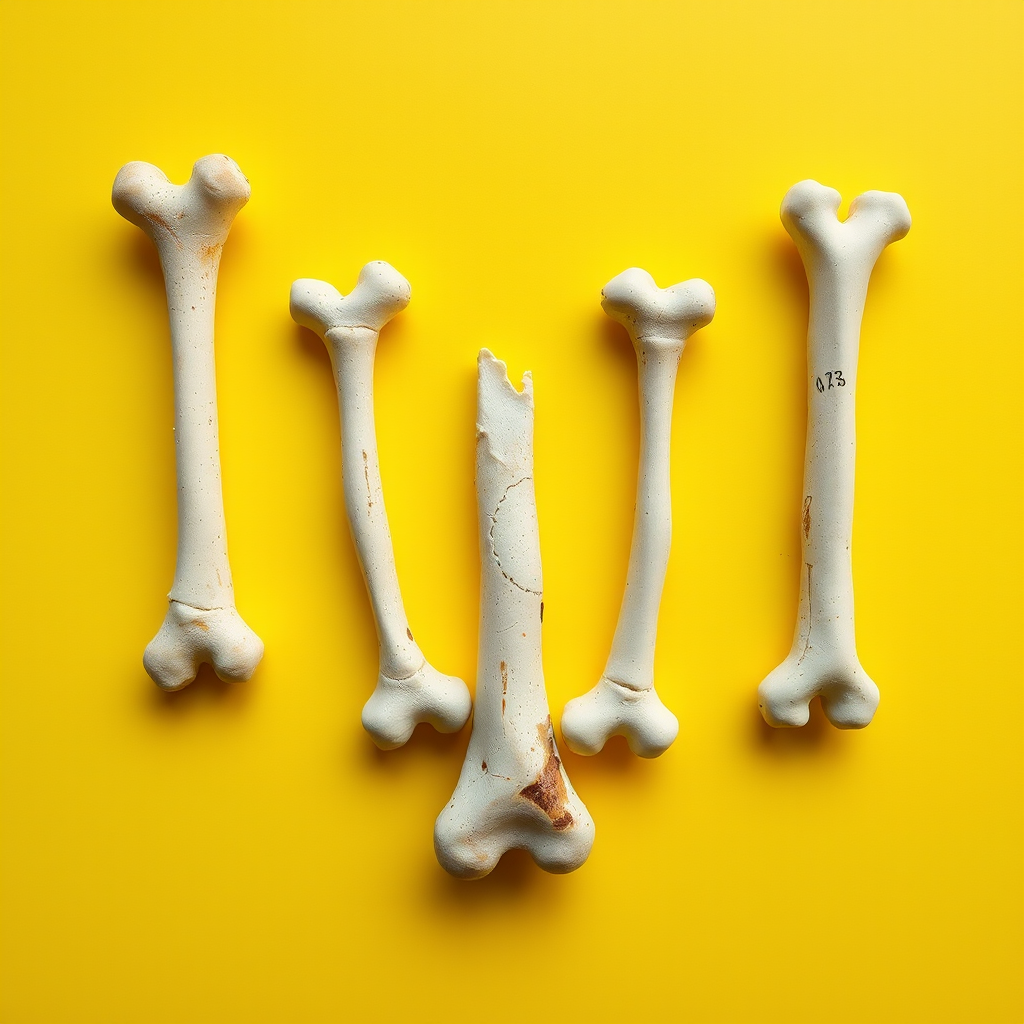 an "H" made of bones, yellow background, realistic photograph