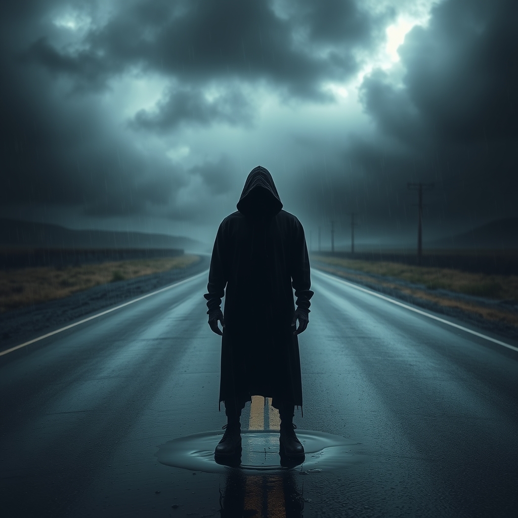 A lone, hooded figure stands motionless in the middle of a deserted, rain-soaked road, his face shrouded in an impenetrable, pitch-black shadow, water dripping from his hood and pooling around his feet, the surrounding atmosphere heavy with a sense of desolation and sorrow, dark, foreboding clouds looming in the background, misty rain veiling the distant landscape, moody, cinematic lighting, Nikon D850.