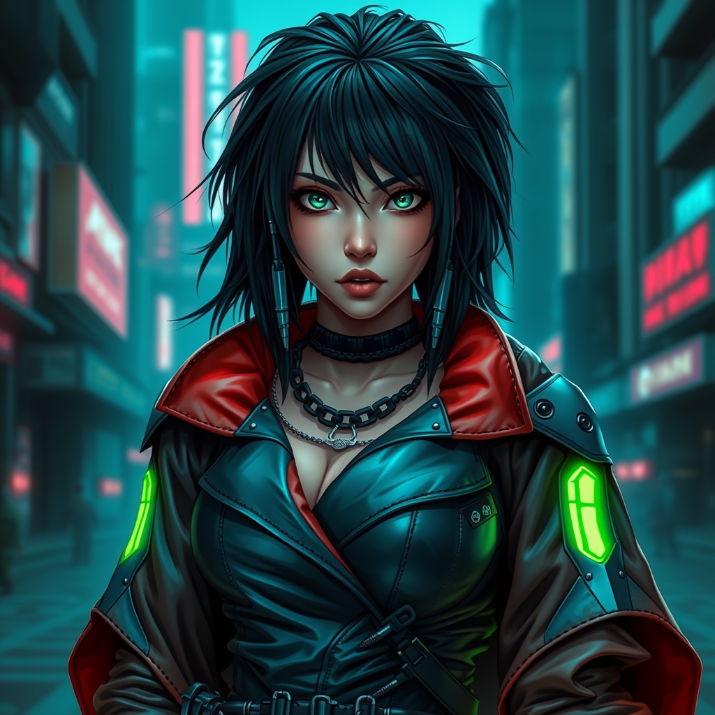 Cyber style of women warrior with rugged black hair and cybernetic implants | merging leather garments with futuristic cyberpunk elements | flowing robes and high-tech armor plating | dystopian cityscape background | in deep blue and neon green. hyper-real, 8k, AR, cute face style. - Image