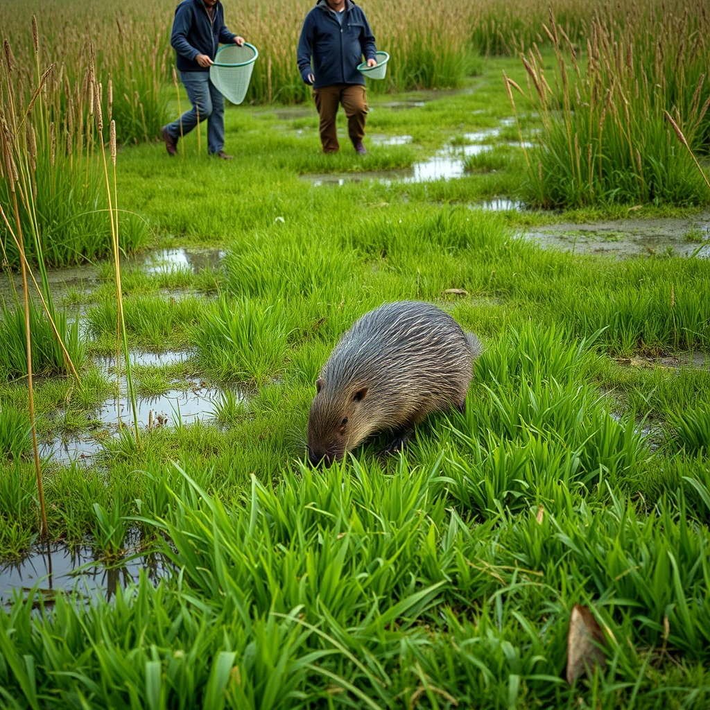 Grassy marsh landscape, many common reeds (Phragmites communis TRIN), water puddles everywhere, one coypu (Myocastor coypus) grazing on the grass, people approaching with capture nets to catch it, documentary photography, photo realistic, hyper detailed.