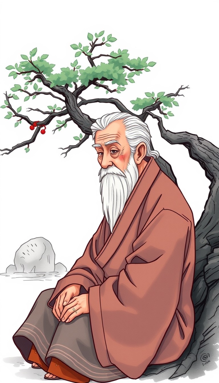 An elderly man in traditional Chinese clothing, with white hair, sits down near the tree, illustrated in a picture book style with a simple, light white background. - Image