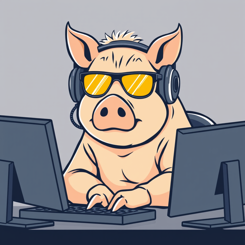 A tech-savvy porcine coder, donning retro yellow-tinted aviators and sleek noise-cancelling headphones, hunches over a cutting-edge curved multi-monitor setup. The anthropomorphic pig exudes focus, typing furiously. Design a minimalist, vector-style logo for Samkemp55, emphasizing clean lines and a futuristic feel. - Image