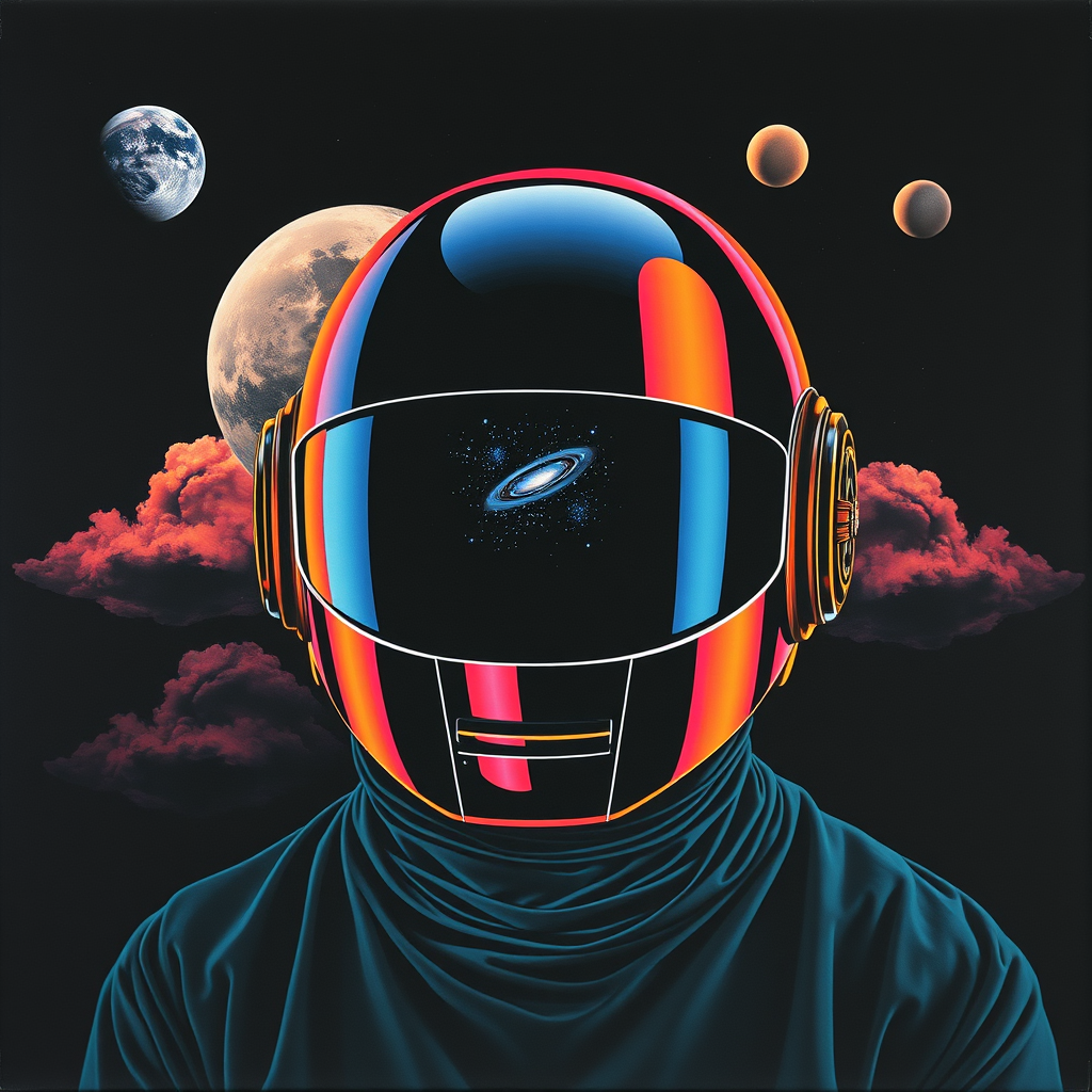 Daft Punk helmet with clouds and planets in the background, outrun color palette, colored album art, black canvas, dark teal, Daft Punk, sinister background, CD cover artwork, portrait of an astronaut, strange portrait with galaxy, 21:9, helmet. - Image