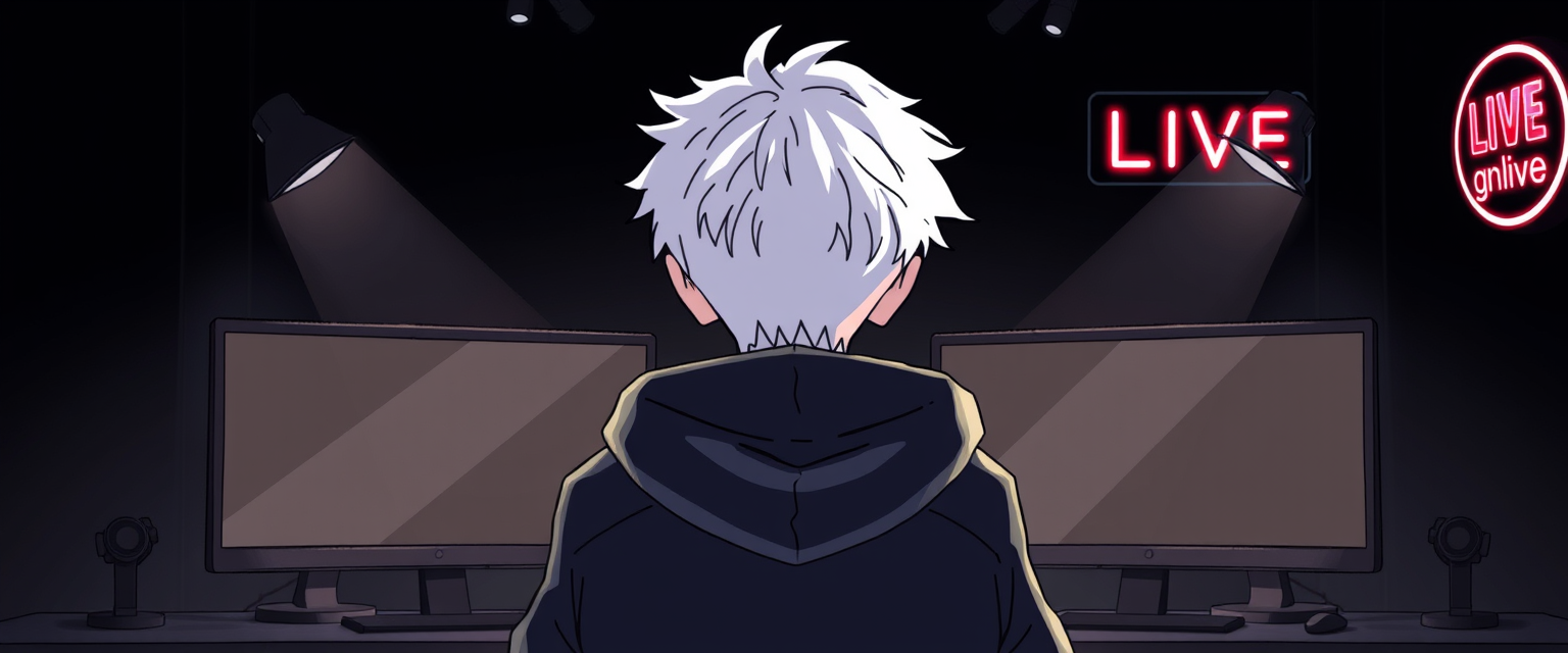 "Image akin to a drawing of a boy with white hair and a black hoodie in a gamer setup with spotlights in front, looking at two monitors with black screens in a black room with few white neon lights and one sign that says ON LIVE in small white letters." - Image