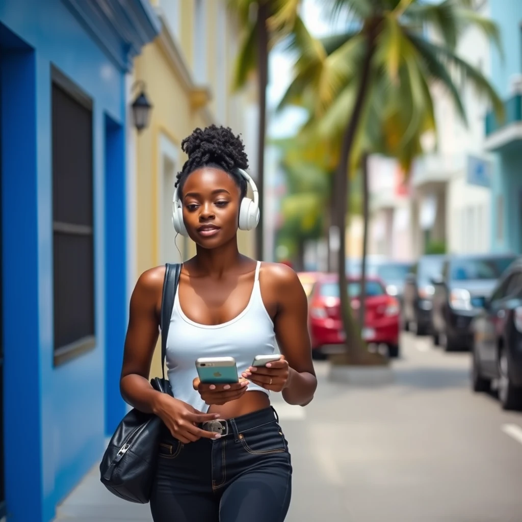 A young black woman walking on a Nassau street in the Bahamas listening to a podcast on her phone. - Image