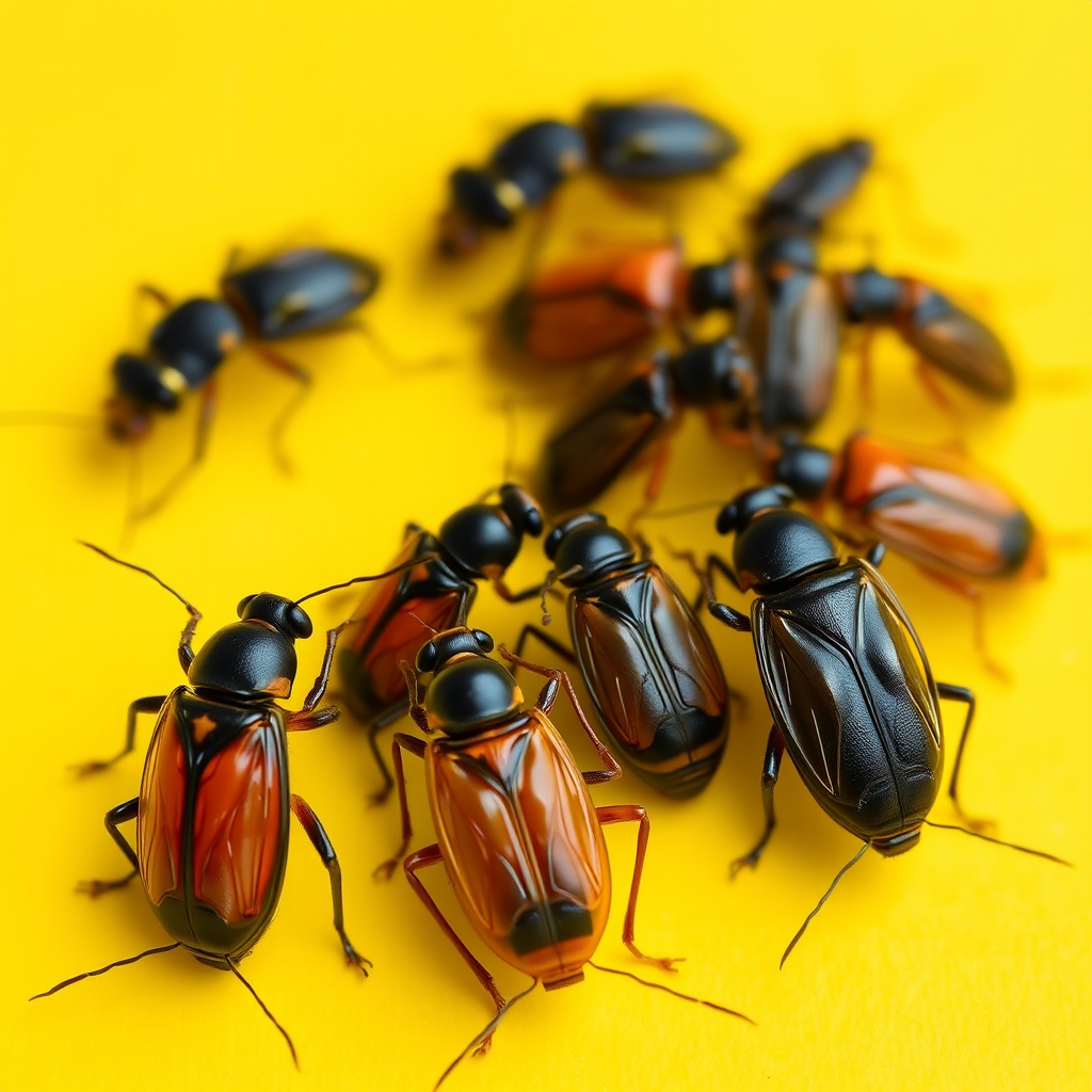 Some insects in a small queue, yellow background, realistic photograph.