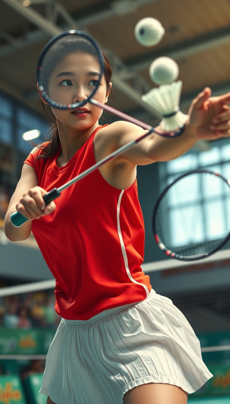 A detailed, realistic portrait of a young woman playing badminton in an indoor sports arena. The woman is wearing a bright red jersey and is mid-swing, her body in a dynamic, athletic pose as she focuses intently on the shuttlecock. The background is blurred, with glimpses of the court, net, and spectator stands visible. The lighting is natural and directional, creating shadows and highlights that accentuate the woman's features and muscular definition. The overall composition conveys a sense of energy, movement, and the intensity of the game. The image is highly detailed, with a photorealistic quality that captures the textures of the woman's clothing, skin, and the badminton equipment. A woman with a beautiful face like a Japanese idol, she is wearing a white pleated skirt. Badminton rackets and shuttlecocks with dynamic swings and motion blur.