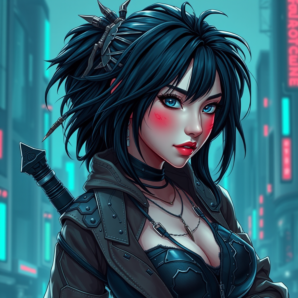 Cyber Samurai style of female warrior with rugged black hair and cybernetic implants | merging leather garments with futuristic cyberpunk elements | flowing robes and high-tech armor plating | dystopian cityscape background | in deep blue and neon green. hyper-clear, 8k, AR, cute face style.