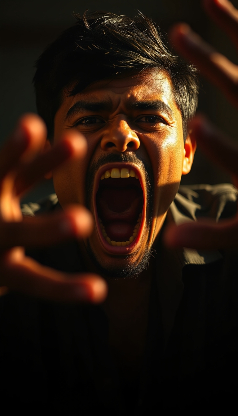 Malay guy demonic possession scene, exorcism horror style, intense expressions. Shadow casting, golden hour, bokeh.