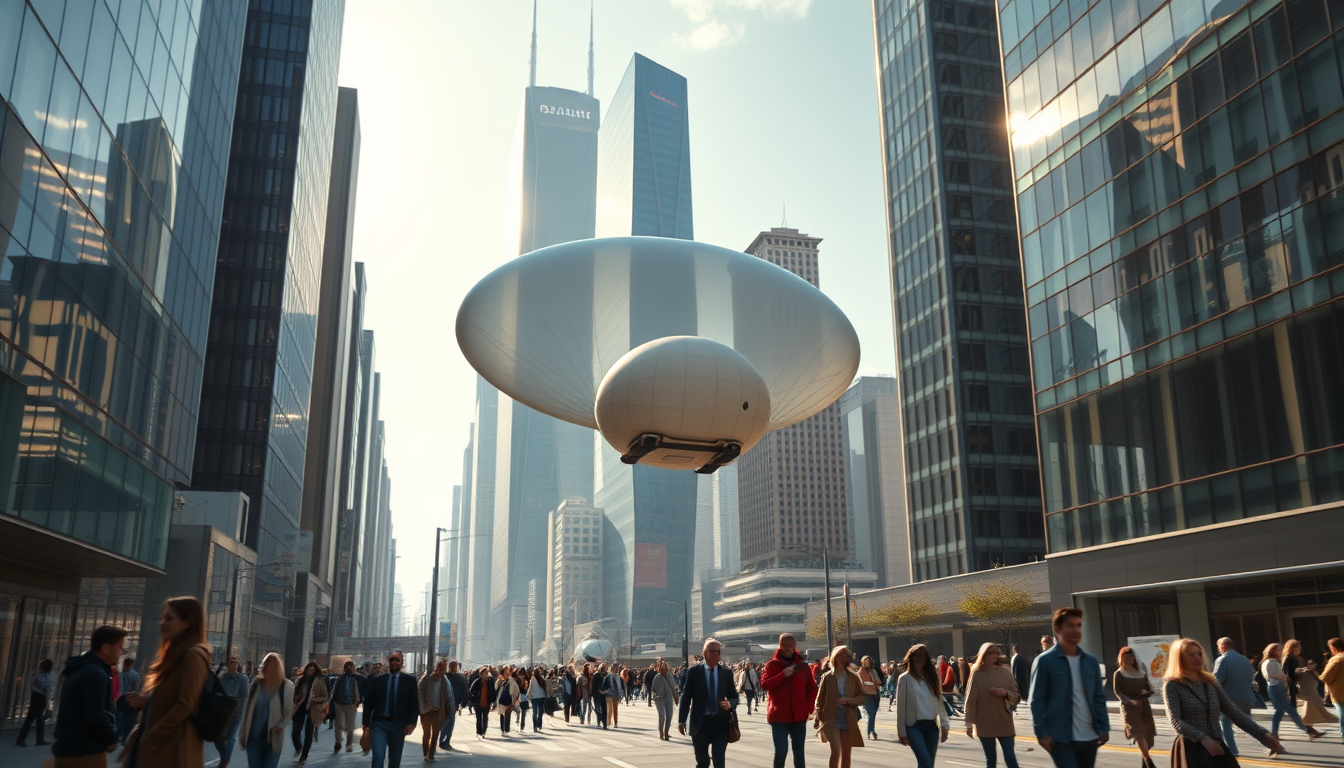 Create a stunning high-resolution image of a futuristic city. The skyline should be covered with towering skyscrapers. Include a light-colored elliptical balloon-type robot hurtling through the air with tiny black balancers on either side of the balloon. The streets should be bustling with people dressed in fashion-forward outfits. Highlight the small balloon-type robot, performing its rounds in the sky, and the beautiful sunlight reflecting on the glass surfaces of the buildings, creating an atmosphere of excitement and innovation. Very sharp and realistic details, 32K.