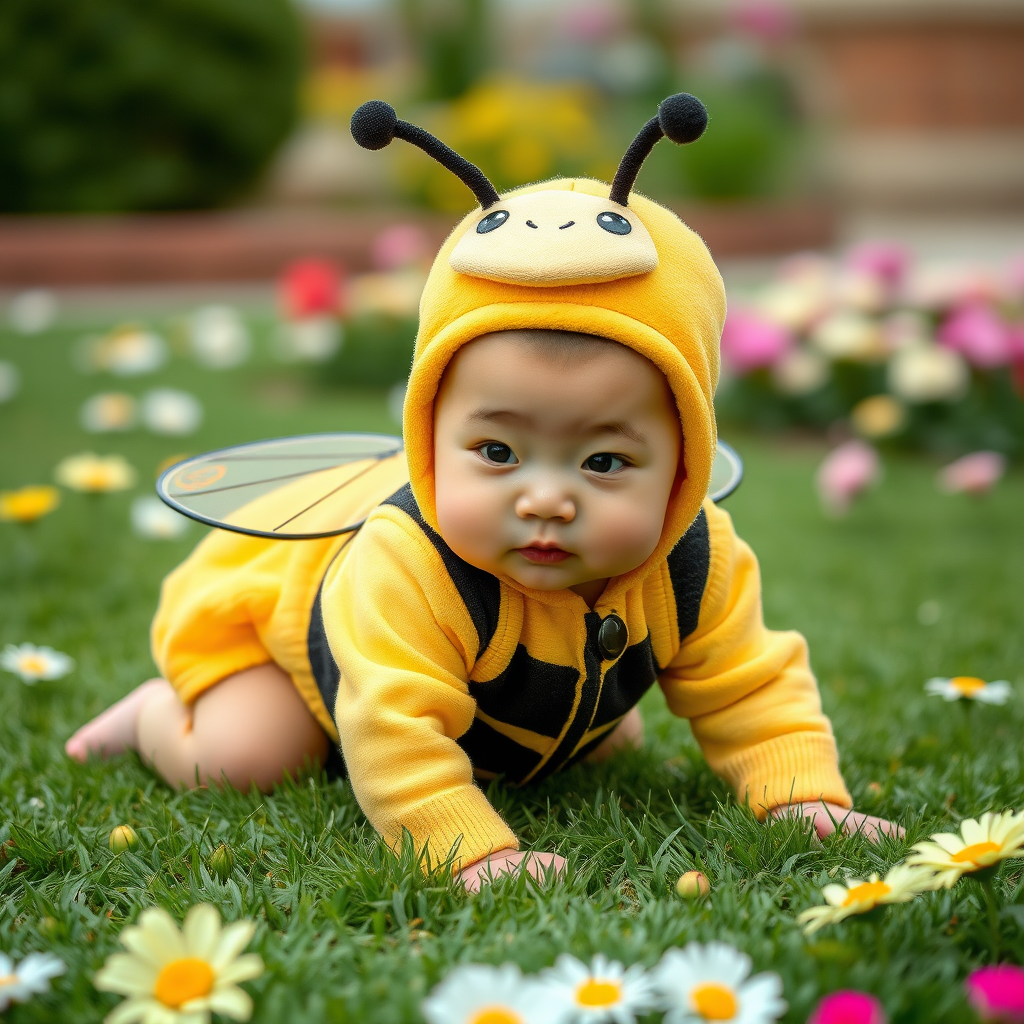 A one-month-old Chinese boy dressed as a bee is seen crawling on a lawn surrounded by flowers.