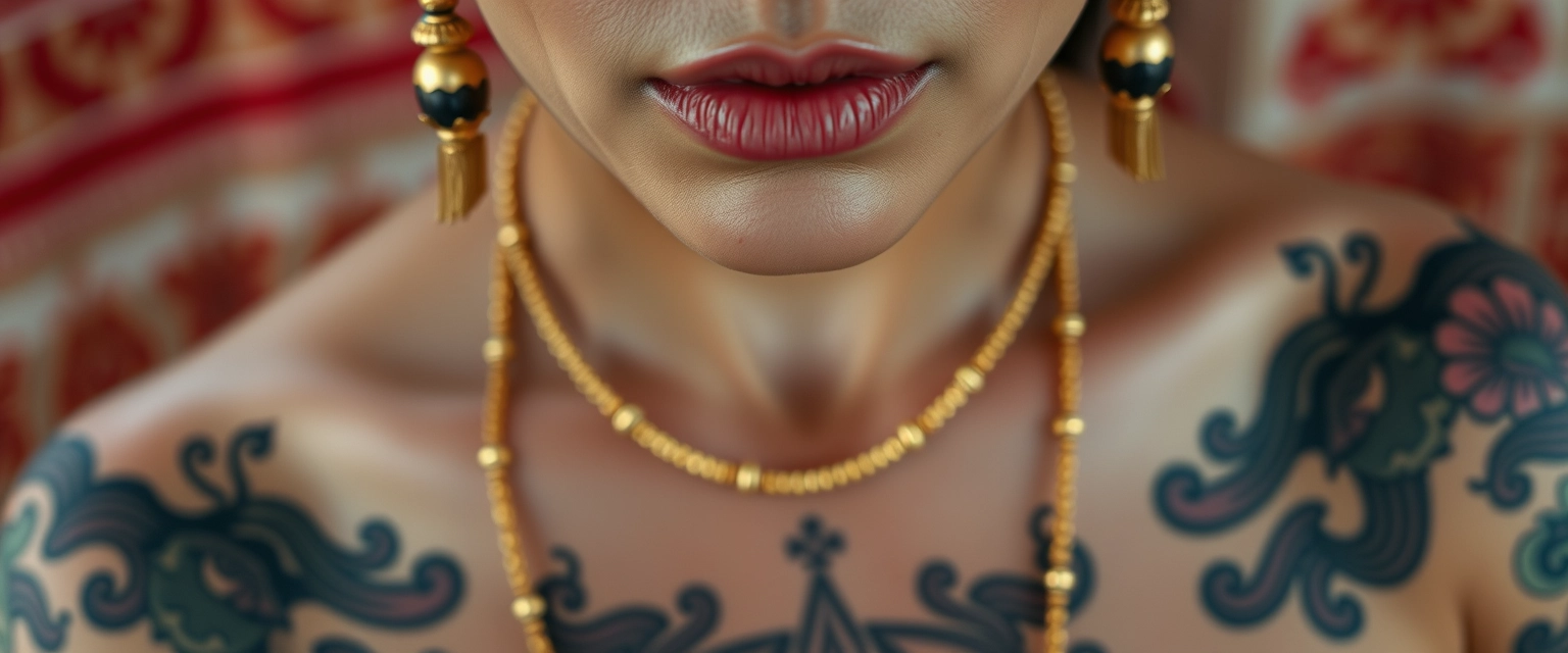 Close-up view of the tattooed chest of a Korean Indian woman with white skin, beautiful facial features, and blue eyes, wearing gold ornaments and looking at the camera.