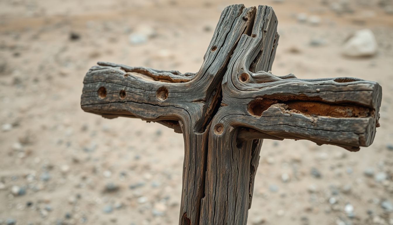 a wet wooden cross that is crumbling with visible signs of bad fungal degradation, wet rot and dry rot. The wood appears to be old and weathered, with a rough texture and deep grooves. The surface of the wood is rough and uneven, with some areas of the bark appearing darker and more jagged. There are several small holes scattered throughout the wood, some of which are larger than others. The cross is standing in a barren desert landscape. The overall feel is depressing and desolation.