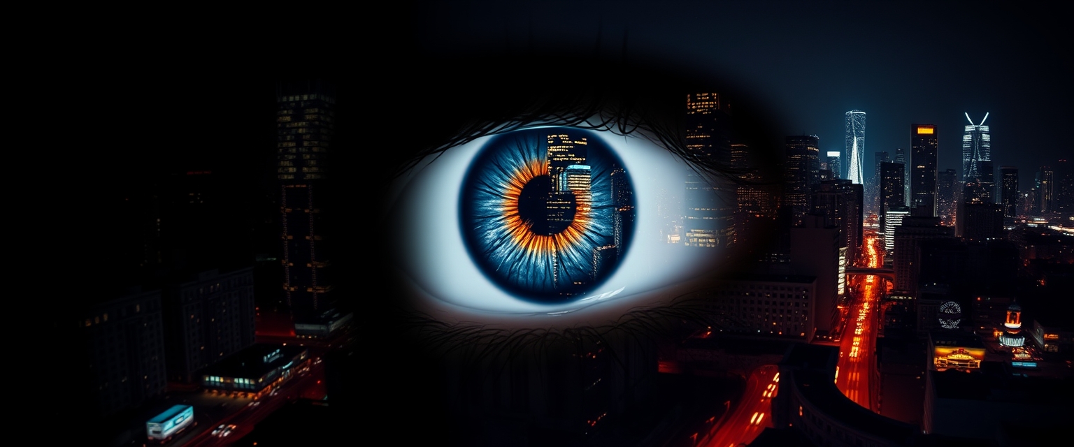 Stunning image of a woman's eye, fused with an abstract, vibrant city silhouette at night, with city lights sparkling on high-rise skyscrapers and bustling streets; iris dilated. The eye is surrounded by a strong white void that creates a striking contrast and adds depth and intensity to the overall picture, hyperrealistic, digital, structured, surreal, gloomy and mysterious. - Image