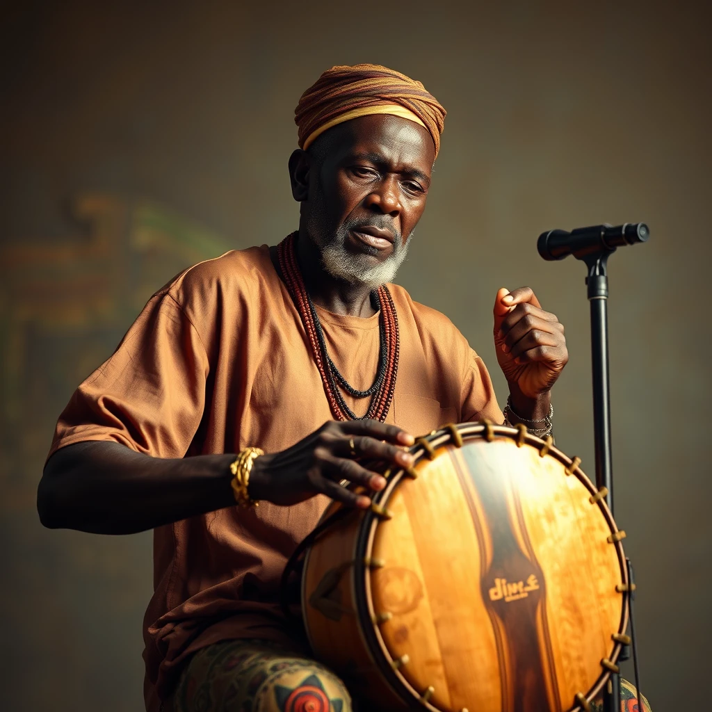 Photorealistic image of an African man, playing the talking drum.