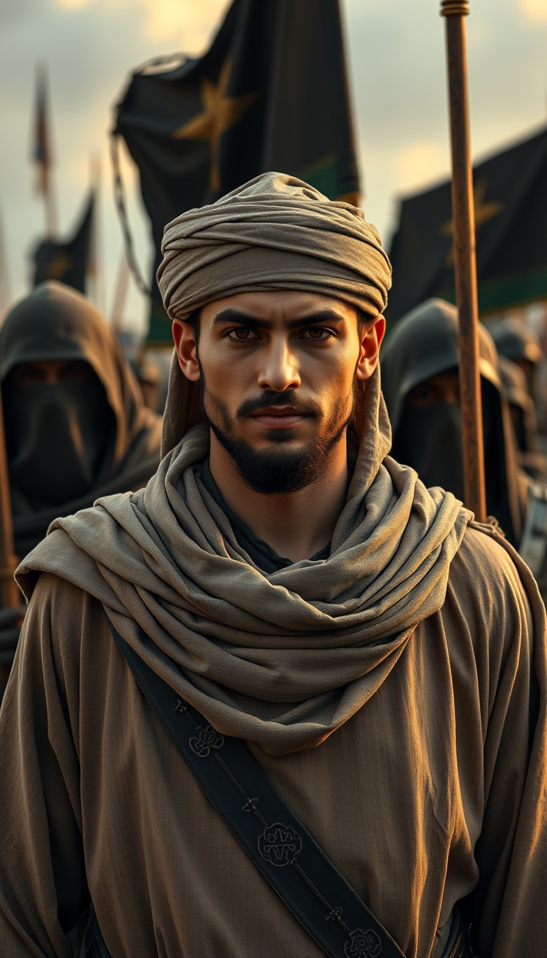 Full-view photoreal portrait of a young Muslim commander wearing modest biblical cloak-turban clothes standing behind the great Muslim warriors with a leader expression. The medieval Muslim warriors are covering veils and holding black banners, guarding him in open land. The "conquest of Jerusalem has come" movie theme, powerful, movie GFX, ambient lighting, dreamy glow, form lighting, photography, photorealistic, cinematic, alpha.