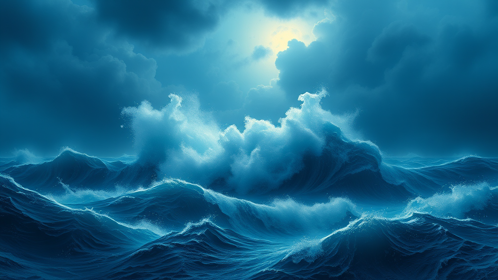 by Ivan Aivazovsky, romanticism, shutterstock, storm at sea, a violent storm at sea, wild ocean storm at night, storm of all storms, Blue tone, Pastel