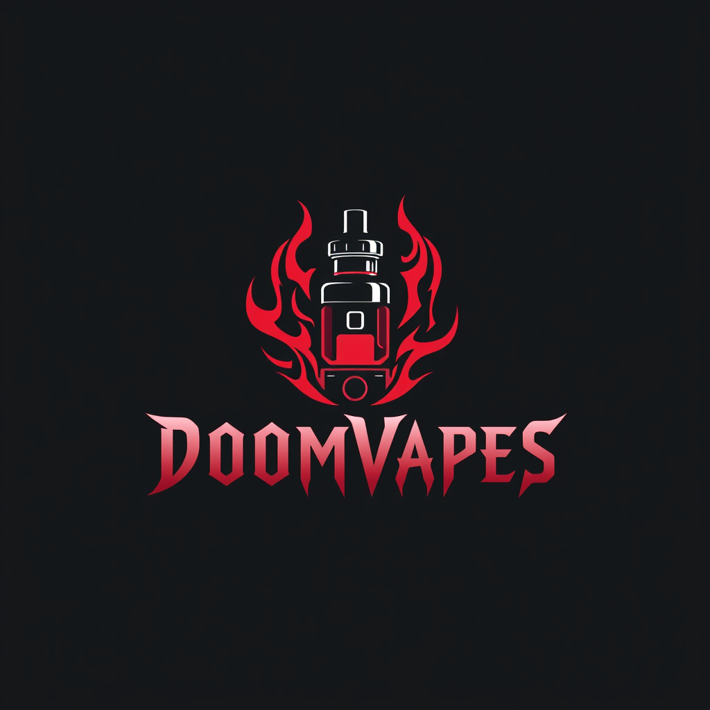 Sleek, minimalist logo for DoomVapes featuring a stylized vape tank engulfed in ethereal, crimson flames. Infernal typography with sharp, angular serifs. Monochromatic color scheme: deep black and blood red. Balanced composition with negative space suggesting smoke tendrils. Evokes a sense of rebellious, edgy sophistication.