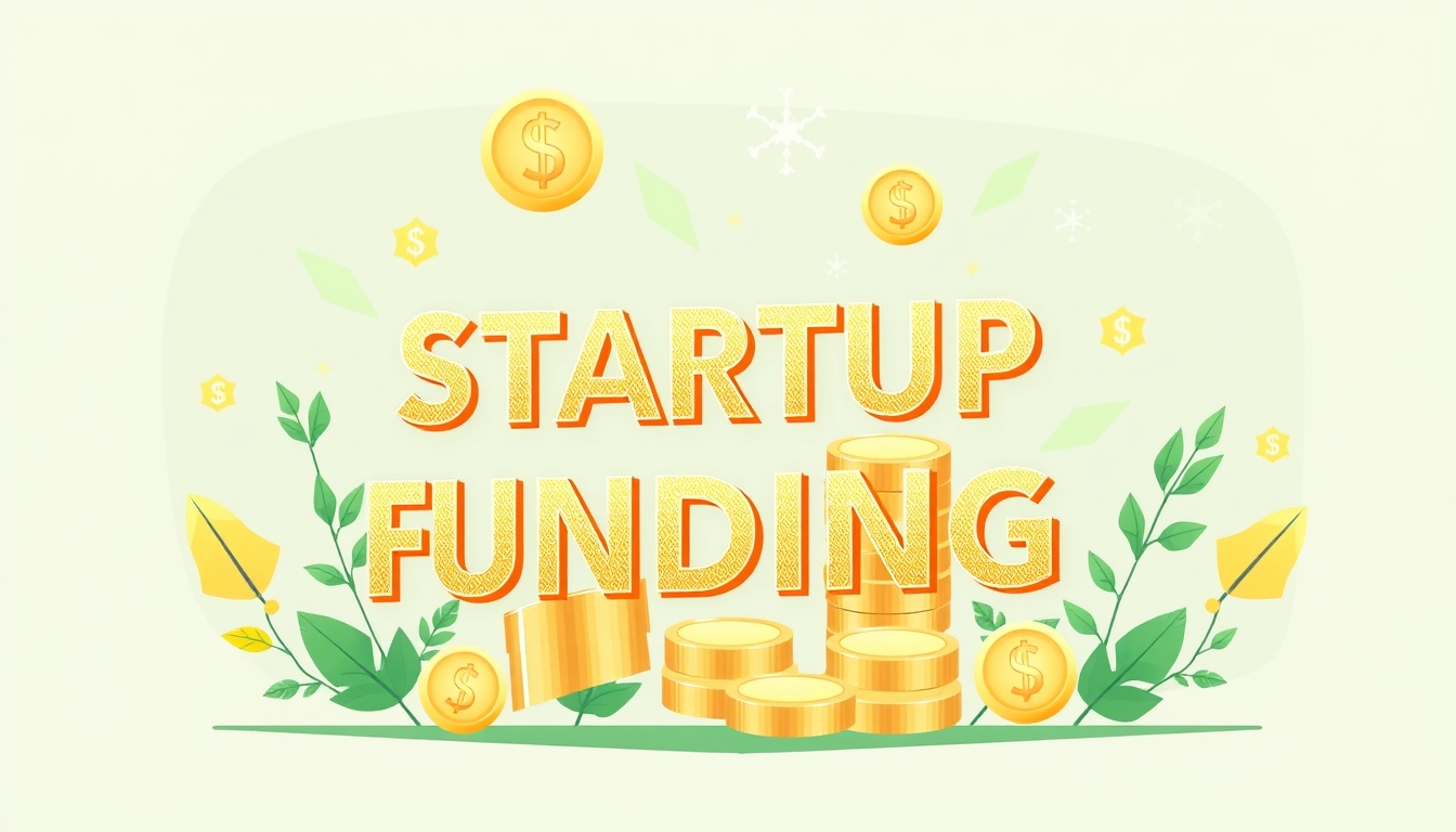 Startup funding illustration in green and gold with financial motifs.