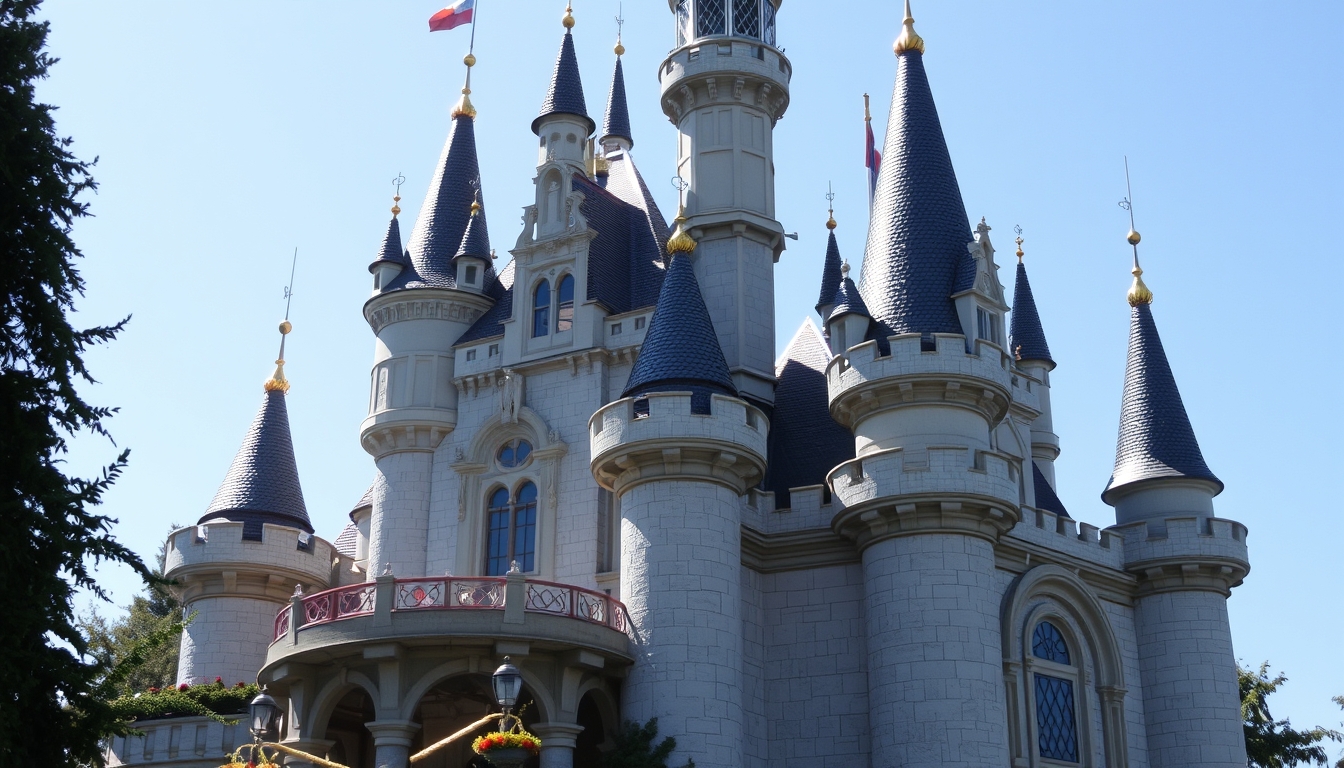 A whimsical fairy tale castle with glass turrets sparkling in the sunlight.