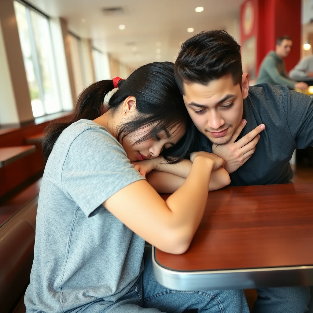 A photo of an Asian woman sleeping at the table in KFC, wearing gray short sleeves and jeans, taken with her phone’s camera. The background is empty restaurant tables. She has long black hair tied back into two ponytails, one red, one brown. Her face is covered by her arm as she curls up on top of it to sleep. She looks very tired but peaceful, resting her head down on her hand over the nightstand. Her boyfriend appears in the scene, looking shocked and trying to wake her up. He is wearing a casual outfit, with a concerned expression on his face as he gently shakes her shoulder. - Image