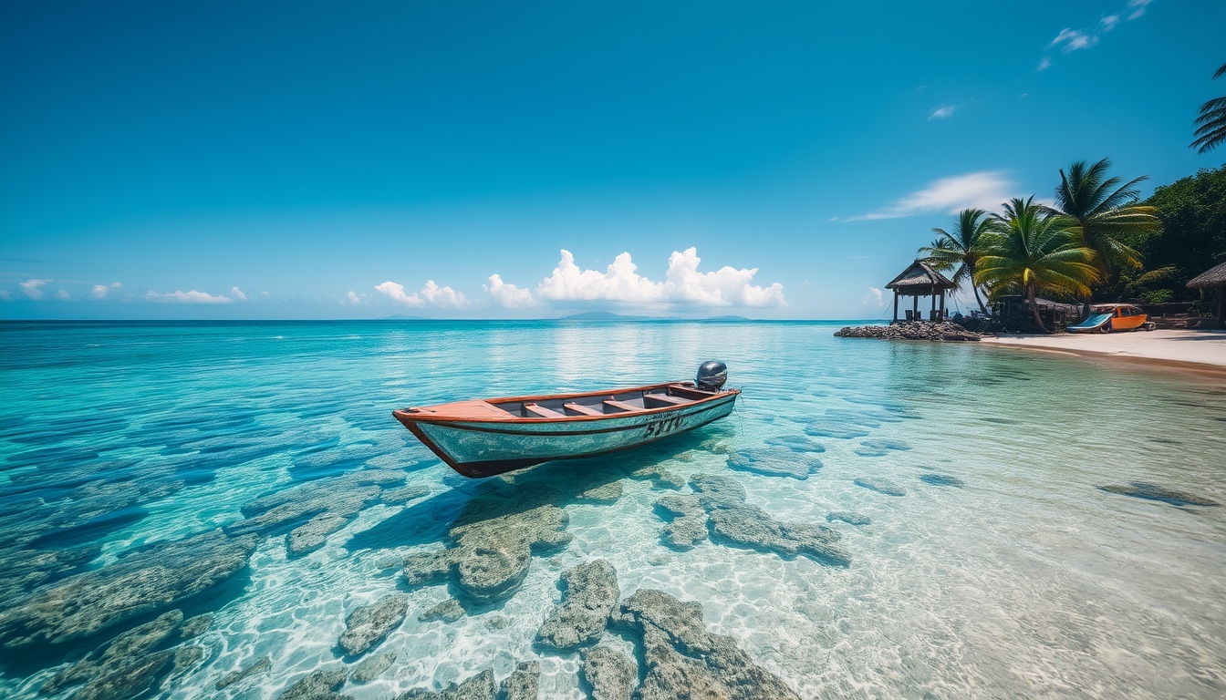 A tranquil beach with a glass-bottomed boat floating over a coral reef.