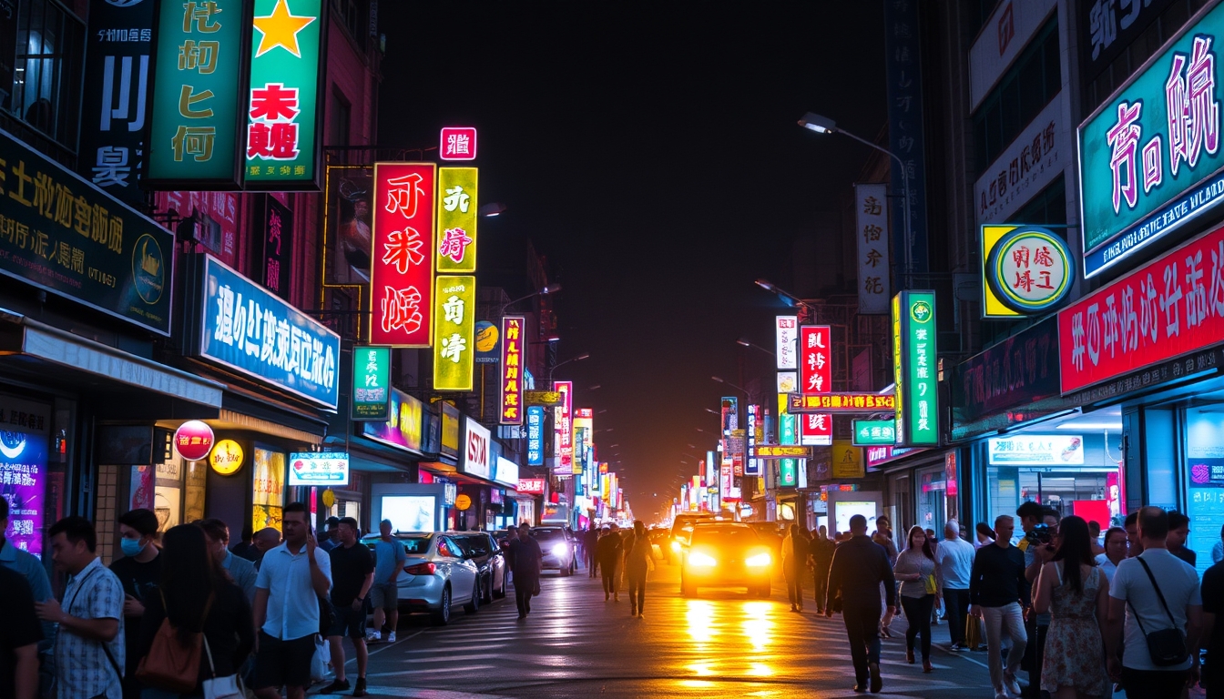 A vibrant street scene at night, with neon signs, bustling crowds, and the glow of city lights reflecting on wet pavement.