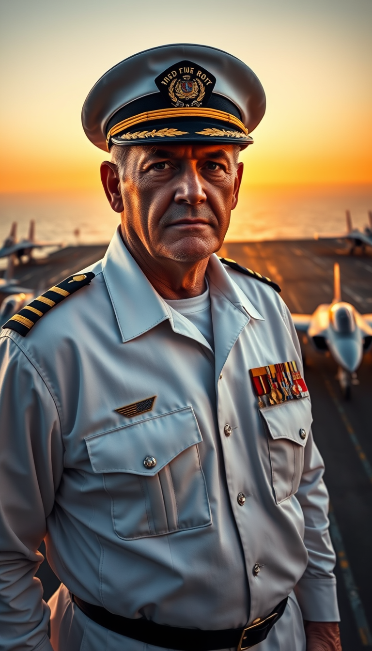 Main Character: A distinguished and weathered American Naval Admiral in his mid-40s, with a stern yet resolute expression, stands on the deck of an aircraft carrier. He is dressed in a crisp, impeccably maintained Navy uniform, adorned with numerous medals and decorations that speak to a long and decorated career. His posture is upright and commanding, reflecting his years of experience and authority. His gaze is fixed on the horizon, conveying a sense of focus and determination.  
Background: The vast flight deck of a modern American aircraft carrier stretches out behind the Admiral. The scene is bustling with activity as sailors and crew members go about their duties. Fighter jets stand ready for takeoff, their sleek silhouettes adding to the powerful atmosphere. The vast ocean stretches out to the horizon, meeting the sky in a hazy line. The scene is bathed in the warm, golden light of either sunrise or sunset, creating a dramatic and visually stunning backdrop.  
Visual Style: The visual style should be that of professional, cinematic photography, emphasizing realism and detail. The image should capture the immensity of the aircraft carrier and the vastness of the ocean, conveying the power and reach of the Navy. The lighting should be natural and dramatic, highlighting the Admiral's features and the details of his uniform. The overall tone should be one of strength, determination, and unwavering service.