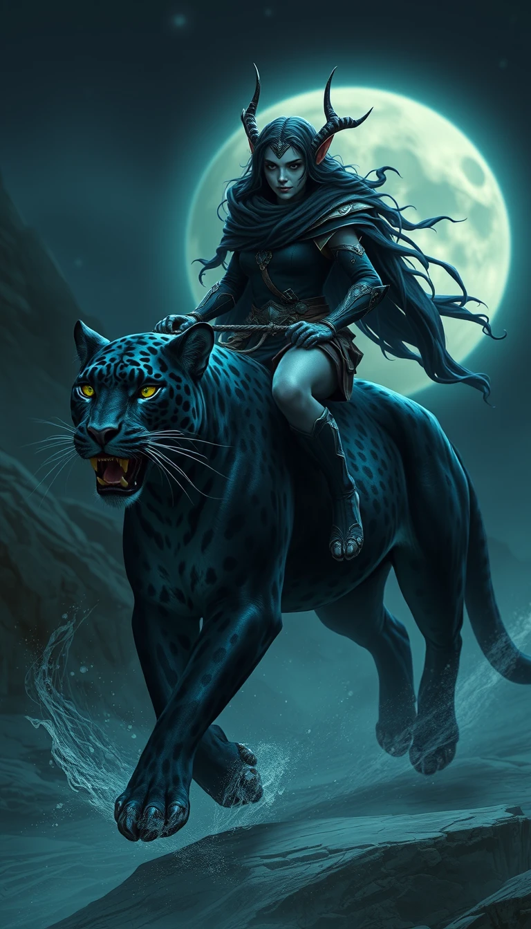 "Night elf riding a black leopard, realism, ultra high definition quality."