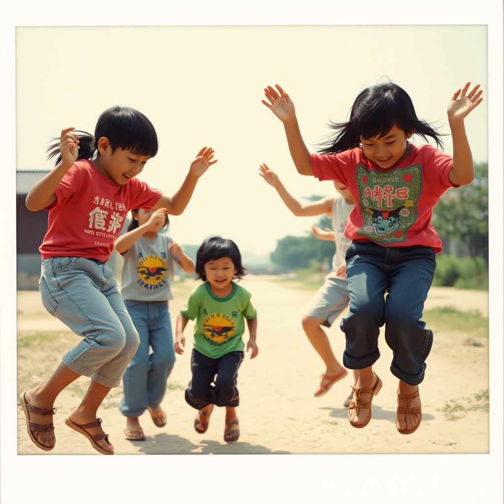 China in the 1980s. Children playing multiplayer jumping games. Summer. Ultra-detailed portrait. Grainy film with light leaks. Polaroid photo with slightly peeling edges.