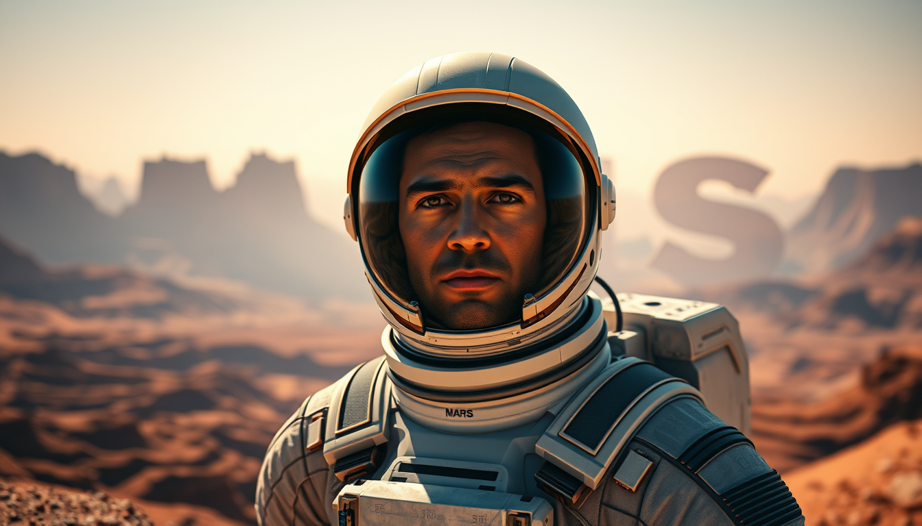 Cinematic image of a portrait of an astronaut on Mars, showing in the background the beauty of the Martian topography with mountains and canyons. The sky is bluish at the top and reddish at the bottom, and in the background, the shapes of the mountains create the letters "MARS" with their natural topography. --aspect 4-11