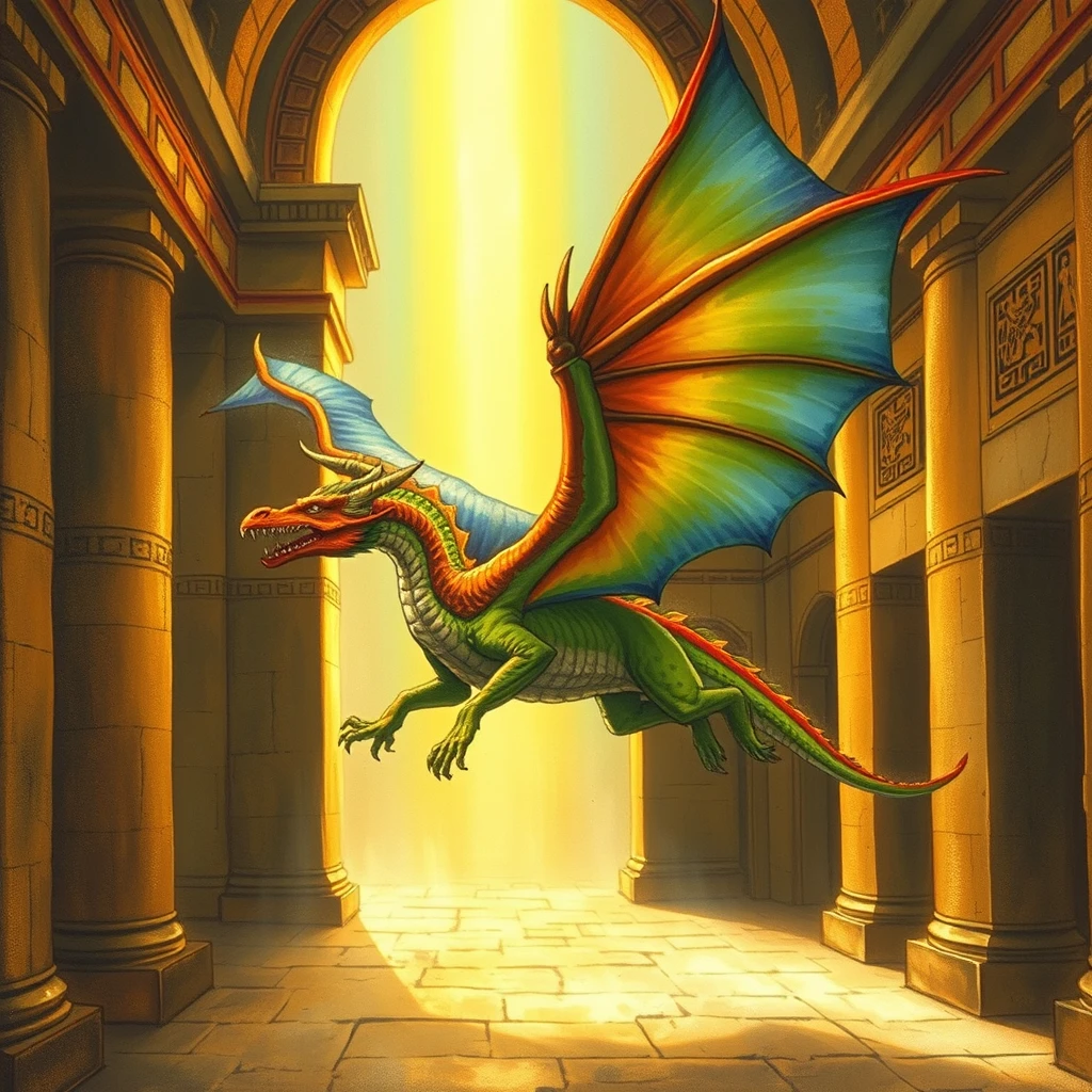 An old painting of a rainbow medieval dragon flying inside an Egyptian temple. - Image