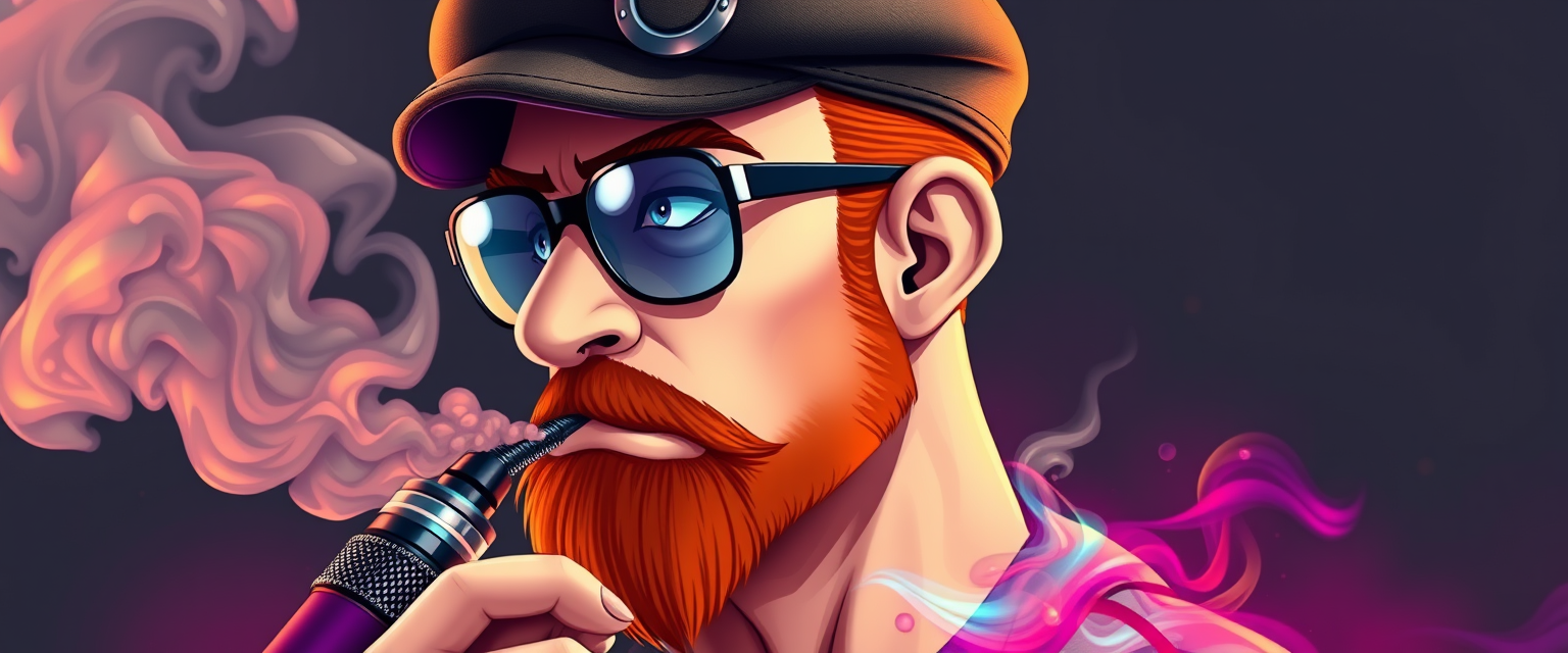 Three-quarter view of a sinister, bald cartoon human male with demonic features. Short ginger beard contrasts with dark eyebrows. Wears a weathered flatcap and reflective aviator glasses. Clutches a sleek vapemod, exhaling dense, swirling vapor clouds. Vibrant, e-liquid drips off his pale skin, creating a colorful aura. Hyper-realistic, high detailed. - Image