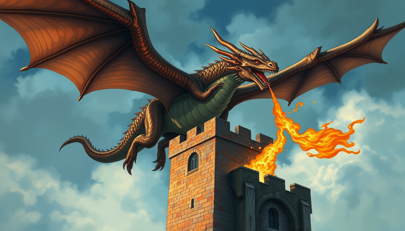 Book cover illustration of a flying medieval fantasy dragon, as a D&D character, while breathing fire upon a brick castle tower, oil painting, art by the Hildebrandt brothers, in the style of Studio Ghibli, cinematic, intricately detailed, comfy, dreamlike, ethereal, high-readability, extremely immersive. - Image