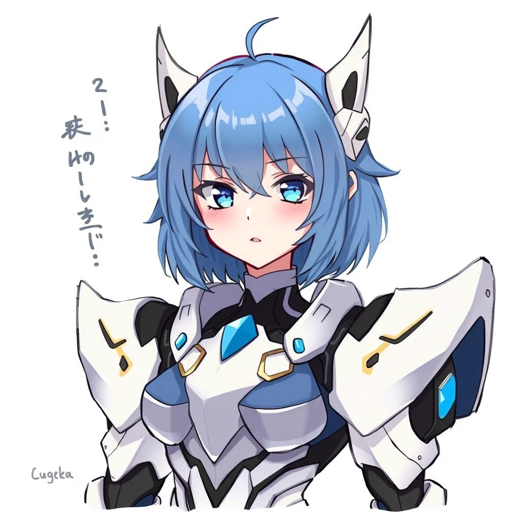 This is an illustration of a character that appears to be a blend of human and robotic features. The character has a humanoid form with a feminine appearance, including blue hair and blue eyes. The character's body is adorned with what seems to be armor or a suit with a predominantly white and blue color scheme, which could suggest a futuristic or cybernetic theme. The design is detailed and suggests a high level of craftsmanship, with a focus on the character's face and the intricate details of the armor.