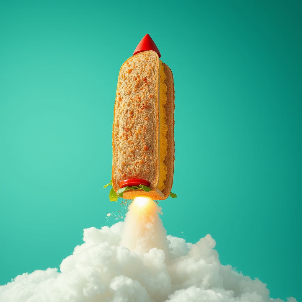 very tall sandwich taking off like a rocket, rocket explosion, off the ground, in the clouds, weird, whimsical, product photography