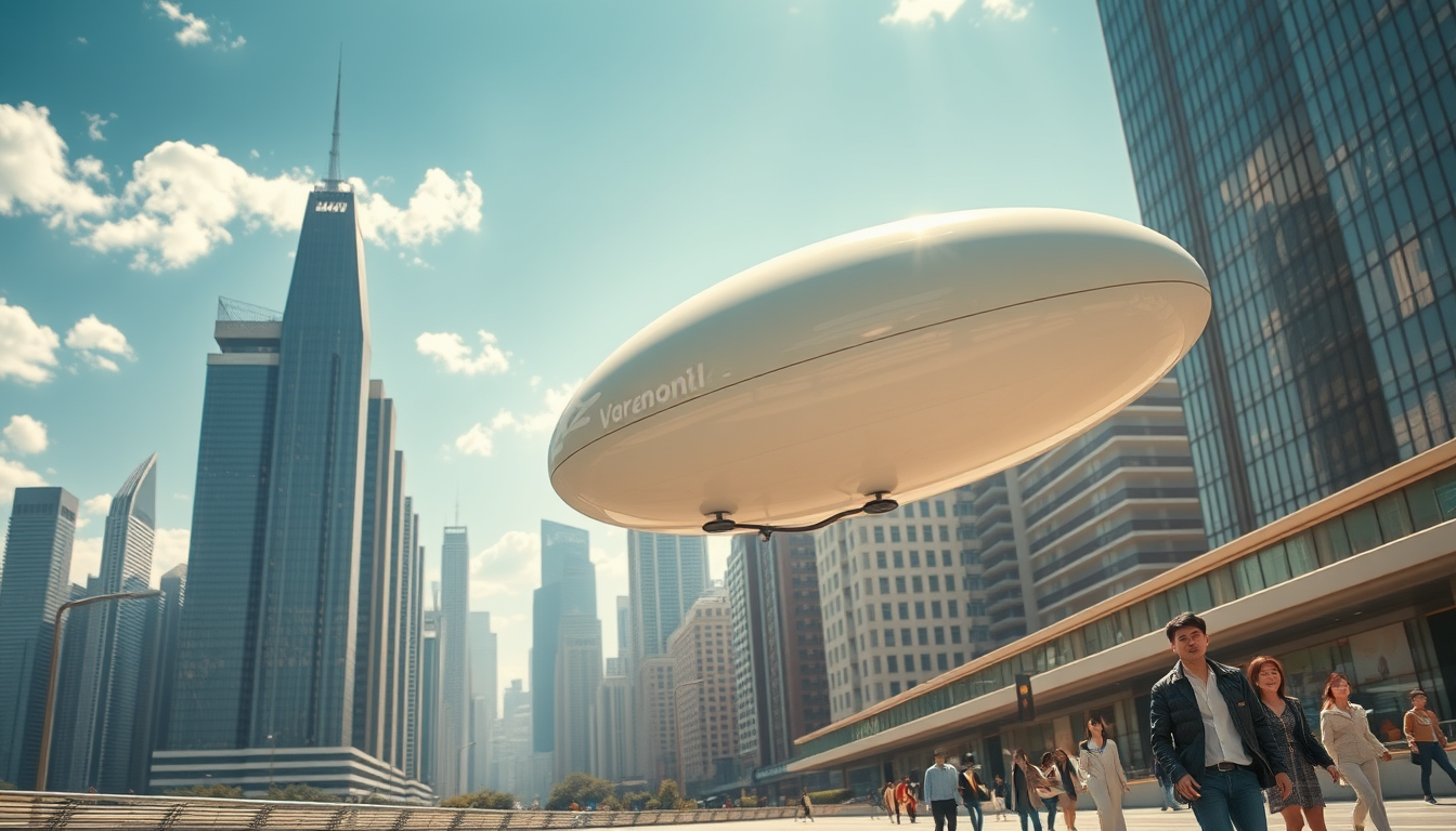 Create a stunning high-resolution image of the city of the future. The skyline should be filled with towering skyscrapers. It includes a light-colored oval balloon-type robot flying rapidly through the air, with tiny black balancers on either side of the balloon. There are some people walking on the street, Asian faces, wearing fashionable and avant-garde clothes, creating a laid-back and pleasant atmosphere. The visual focus of the image highlights small balloon-type robots patrolling the air for safety, very beautiful clouds, and sunlight reflecting off the glass surfaces of buildings, creating an atmosphere of excitement and innovation. The details are very sharp and realistic, 32K, flat view. - Image